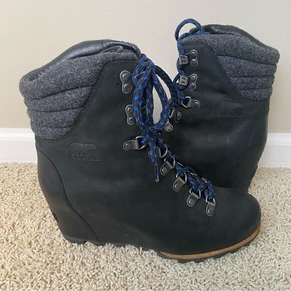 Sorel Conquest Wedge Ankle Boots black Leather Lace Up 9 PDX - Picture 1 of 6